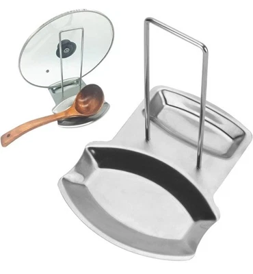 Soporte para cuchara y tapa para olla, soporte para cubierta de sartén de acero inoxidable plateado Foto 1 de 2