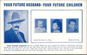 1930s Fortune Romance Arcade Card Postcard YOUR FUTURE HUSBAND will be a Sheriff - Picture 1 of 2