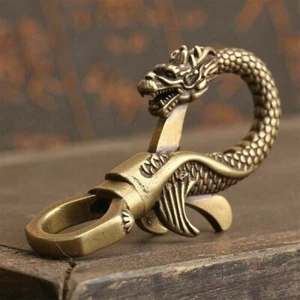 1X Vintage Brass Dragon Head Fob Belt Clip Buckle Key Chain Ring Holder Hook USA - Picture 1 of 5