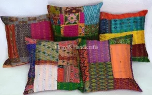 Patola Silk Kantha Cushion Cover Patchwork Pillow Case Handmade Indian Throw 16" - Picture 1 of 5