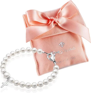 Sterling Silver Cross Charm Pearl Bracelet - Perfect Baptism Gift for Girls - Picture 1 of 12