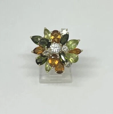 18K Yellow Gold Natural Tourmaline Peridot Citrine Diamond Ring Size 6 MSR $3975 - Image 1 of 4