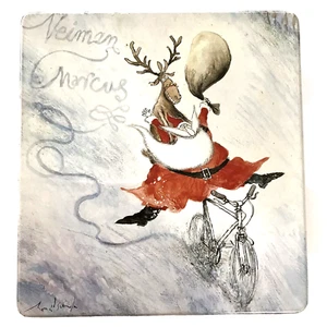 Vintage 1993 NEIMAN MARCUS Christmas Tin Gift Box Santa on Bicycle 8.5 x 9" RARE - Picture 1 of 10