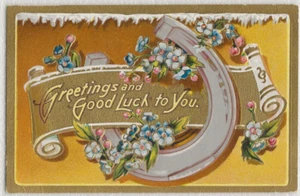 Vintage Greetings and Good Luck Horseshoe Forget Me Not Flowers Gilt Postcard - Picture 1 of 4