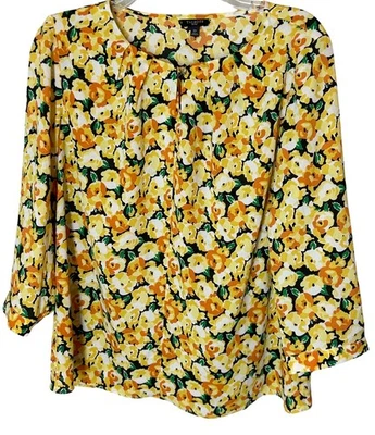Talbots Blouse Top 12P 12 Cottagecore Yellow White Green Black Floral - Image 1 of 4