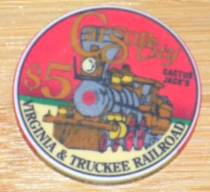 Chip de casino Cactus Jack's $5 1994 Virginia & Truckee Railroad Carson City Nevada - Imagen 1 de 3