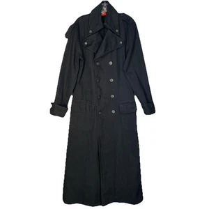 Vtg Red Balls on Fire Black Denim Trench Coat USA Small Goth Matrix Punk Unisex - Picture 1 of 16