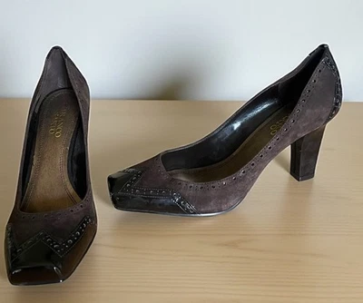 Franco Sarto Brown Suede Patent Square Cap Toe Pump Heels Womans SZ 9.5M - Image 1 of 4