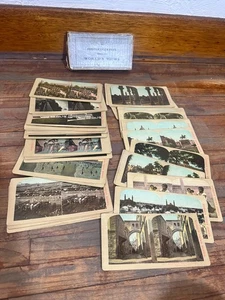 Vintage 49 antike Stereoskop Stereoview Karten gemischt Weltansichten Serie mit Box - Bild 1 von 10