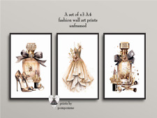 Glam Fashion Wall Art Gold Beige Perfume Shoes Dress Bedroom Decor Set x3 Prints