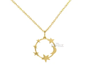 Collana con ciondolo stella luna rotonda in oro massiccio 14 carati fatta a mano - The Jewelz - Foto 1 di 3
