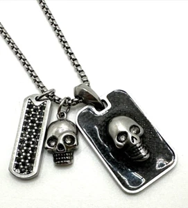 STEVE MADDEN Skull & Rhinestone Charm Necklace Oxidized Stainless Steel 26" - Picture 1 of 10