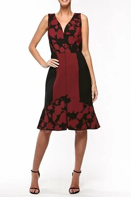OSCAR de la RENTA Black Crimson Red Print Seamed Fluted Hem Wool Midi Dress 4 US - Image 1 of 4
