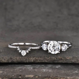 Bridal Set Engagement 3 Stone Ring & Band 14k White Gold 2CT Lab-Created Diamond - Picture 1 of 4