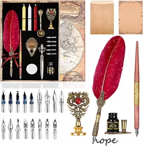 Quill Pen and Ink Set,Feather Pen Ink Set Includes Quill Pen and Wooden Dip Pen, - Picture 1 of 12