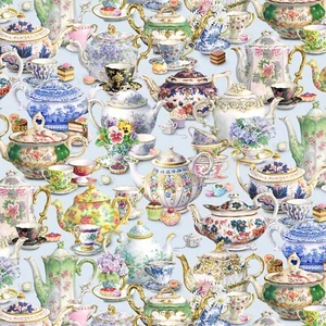 Teteras de té de lujo BTY Elizabeth's Studio tela de algodón por yarda 34000E-AZUL - Imagen 1 de 1