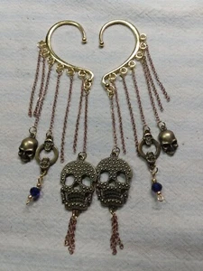 Long Cascade Halloween Ear Wrap Dangle Earrings Cosplay Chains Skulls Gothic - Picture 1 of 3
