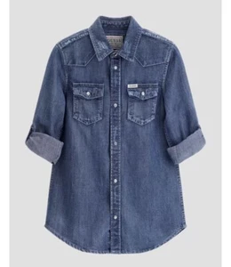 Guess Denim Shirt KD US Size 16 Blue Long Sleeve Western Pearl Snap Button Up - Picture 1 of 6