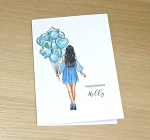 Female birthday card -girl with balloons-4 colours- 13th 16th 18th 21st 30th 40 - Picture 1 of 6