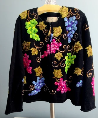 Design Options by PHILIP JANE GORDON Grapes Leaves CARDIGAN SWEATER Black Size L - Image 1 of 4