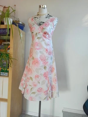 romantisches John Rocha Kleid A-Linie weiß rosa Rosen Gr. 8 S 36 - Bild 1 von 4