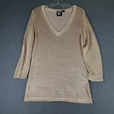 Suéter para mujer New York Company grande dorado metálico tejido cuello en V pulóver brillante Foto 1 de 4
