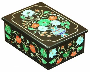 Black Marble Jewelry Box Multicolor Stone Inlay Work Multi-use Box for Salon - Picture 1 of 4