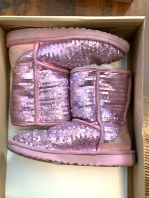 UGG Classic Short Sparkles Sequins Youth Girls 1 Pink Faux Fur Lined Boots  - Image 1 of 4