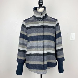 Prana Lily Wool Blend Funnel Neck Jacket Coat Gray Navy Striped Women's Medium - Picture 1 of 12