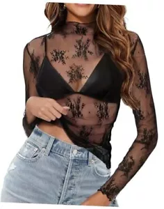 Mesh Long Sleeve Top for Women, Lace Sheer Tops See Through Mock Neck Floral - Picture 1 of 7