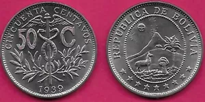 BOLIVIA 50 CENTAVOS 1939 UNC 1 YEAR TYPE,1/2 BOLIVIANO,MEDAL ROTATION STRIKE,STA - Picture 1 of 1