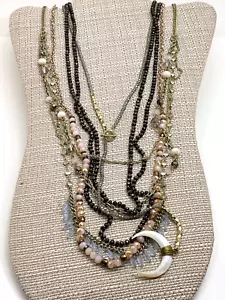 Long Necklace Lot Layering Crystal Beads Black Gray Peach MOP Crescent Moon - Picture 1 of 6