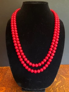 Vtg Richelieu Necklace Tomato Red Beaded Multi 2 Strand Signed 1950s Beads - Picture 1 of 24