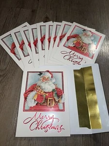 10 Christmas Greeting Cards Santa Glitter Gold Foil Lined Envelopes Vintage - Picture 1 of 5