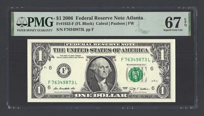 United States-Federal Reserve On Dollar 2006 Fr#1933-F (FL Block) UNC Grade 67 - Image 1 of 2