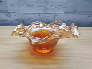 FENTON RINGELBLUME KARNEVAL GLAS - KORBGEFLECHT 5 1/2" SCHÜSSEL OBEN OFFEN GEKRÄUSELTER RAND - Bild 1 von 5