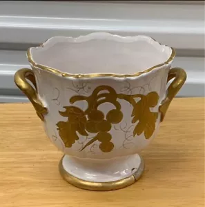 Vintage Vase Decor Handcrafted Planter Ceramic Handles Scalloped Rim Gold Grapes - Picture 1 of 20