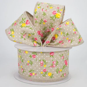 2.5" Vintage Floral Swiss Dots Wired Ribbon - Beige, Pink, Yellow - 5 Yards - Picture 1 of 2