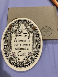 Targa da appendere a parete gatto divertente ovale ceramica Trinity vintage made in USA casa - Foto 1 di 6