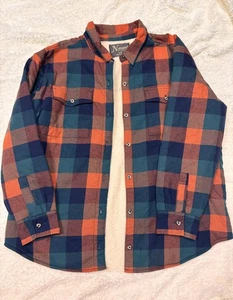 Natural Reflections Orange & Blue Plaid Sherpa-Lined Flannel Jacket Shacket L - Picture 1 of 4