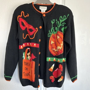 Vintage Alexandra Bartlett Halloween Cardigan Sweater L Pumpkins Trick or Treat - Picture 1 of 12