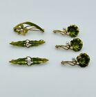 Collection Of 6 Antique Art Nouveau 14K Gold Green Enamel Flower Small Pins