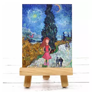 ACEO original Art Mini Print Girl in Pink Dress Van Gogh Landscape Painting ATC - Picture 1 of 4