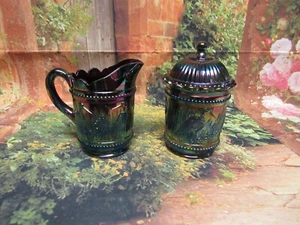 Westmoreland Amethyst Carnival Glass Covered Sugar Bowl & Creamer Stork & Rushes - Picture 1 of 11