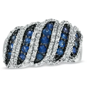 Blue Sapphire & Diamond Simulated Anniversary Bridal Band Ring White Gold Plated - Picture 1 of 7