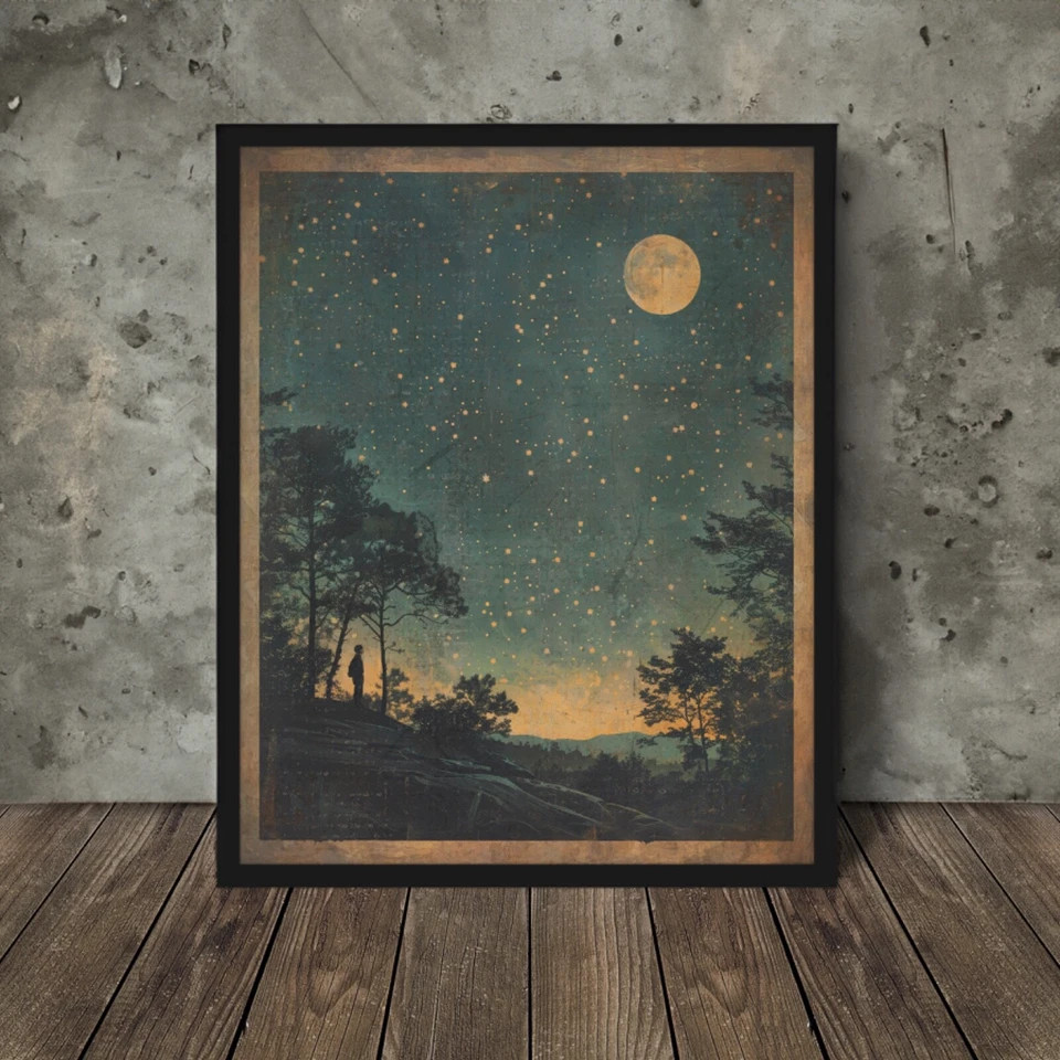 Arte de pared retro de astronomía, impresión de póster vintage de STARGAZER, decoración de luna estrella del cielo Foto 1 de 4