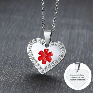 Men Women Medical Alert ID Necklace Pendant Crystal Heart Free Laser Engraving - Picture 1 of 11