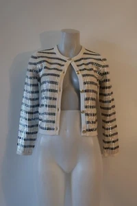 Women J. Crew Emilie Lady Jacket Ivory Black Striped Sequined Cardigan Sweater S - Picture 1 of 7
