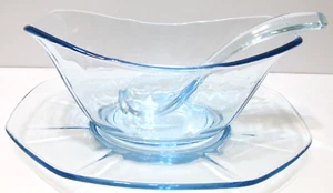 Vintage Fostoria Glass Fairfax Set Sauce Gravy Boat Underplate Spoon Azure Blue - Picture 1 of 10