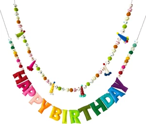 2Pcs Happy Birthday Banner Felt Ball Garland Rainbow Decorations Party Decor - Picture 1 of 12